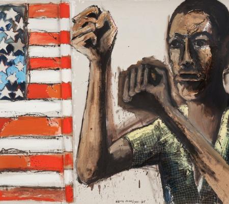 painting depicting flag and african american man with arms raised to face