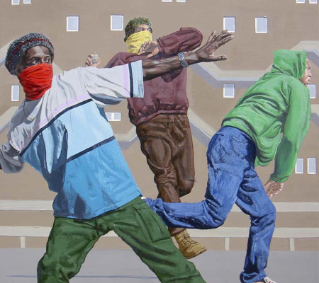 Kimathi Donkor painting titled Coldharbour Lane from 1985 (2005) depicting three black male figures in acts of resistance
