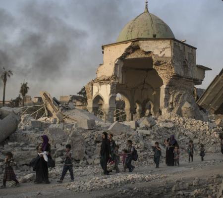 The heavily damaged al-Nuri mosque