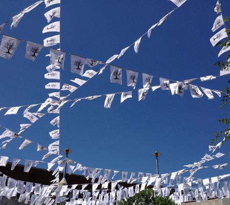 hundreds of black and white prayer flags billow in wind during 2013 UT Austin Studio Art Professor Beili Liu public art project