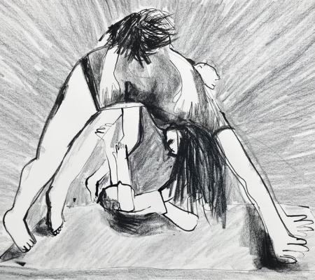 Drawing of three people in a yoga pose together.