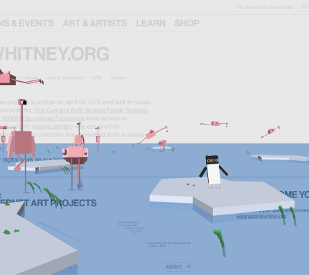 Speculative Habitat for Sponsored Seabirds UT Studio Art Professor Kristin Lucas turns whitney.org into a living environment for animated flamingos and a penguin