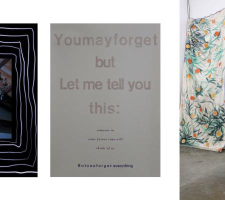 triptych of installation images featuring print works from Print professor Annie May Johnston