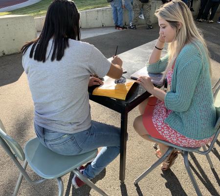 picture of a white woman teaching a student outside on a table