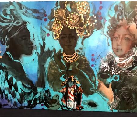 University of Texas at Austin Studio Art and Painting Assistant Professor Scherezade García-Vazquez portable mural depicting three women in black and cool tones