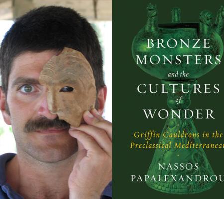 headshot of Nassos Papalexandrou paired with cover of Bronze Monsters book