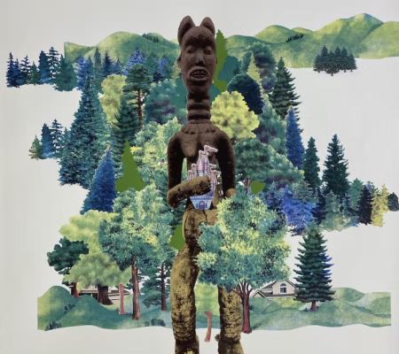 image of brown figure standing in a collage of trees
