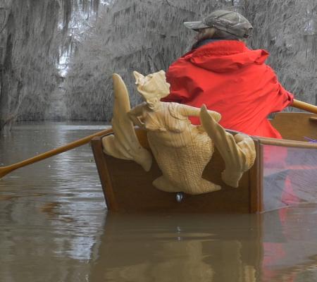 woman in clear canoe paddling in bayou