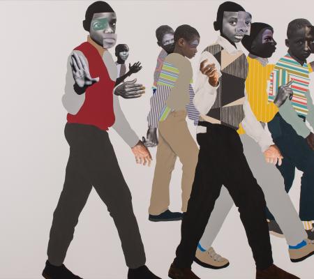 Collage piece from mixed media artist Deborah Roberts featuring a cluster of moving figures on the right side of the panel