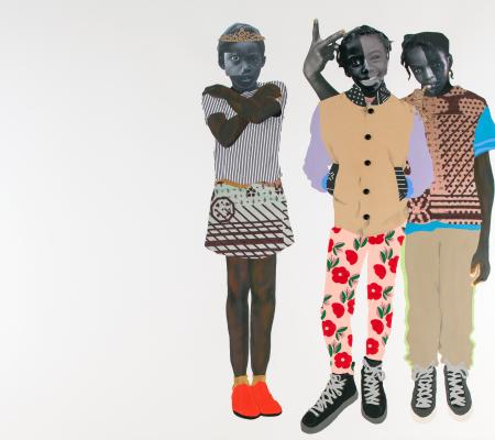 collage piece from mixed media artist Deborah Roberts featuring a cluster of three figures