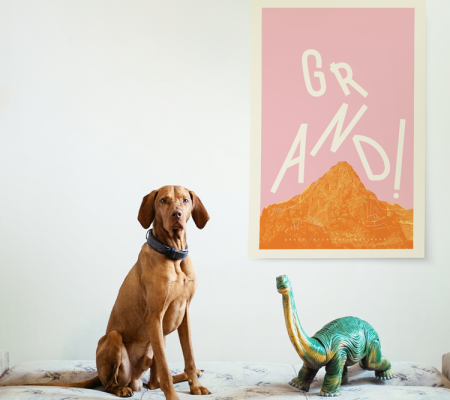 dog and toy dinosaur in front of parks poster