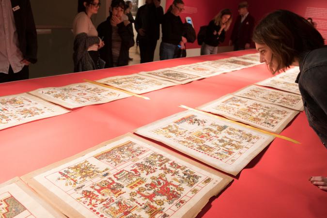 student looking at historic prints laid out on table