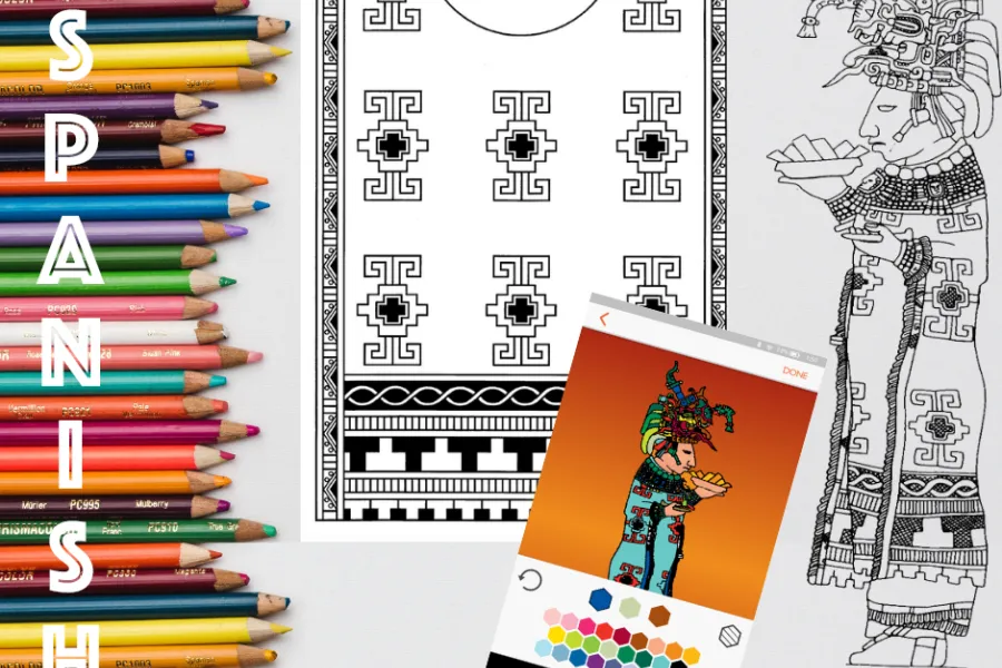 graphic for a workshop depicting maya hieroglyphics and coloring pencils for an international archaeology day workshop with the university of texas at austin mesoamerica center aligned on the side reads text that says Spanish