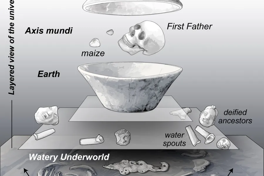 diagram in black and white and grey depicting artistic reconstruction of burial site for UT Austin Mesoamerica Center Colloquium Series talk from Jaime Awe