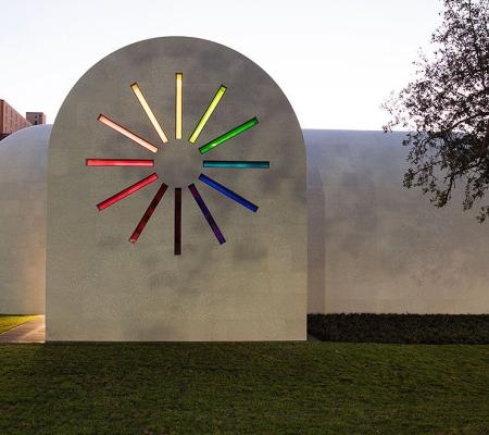 image of the Ellsworth Kelly’s Austin structure with stained glass windows at dusk