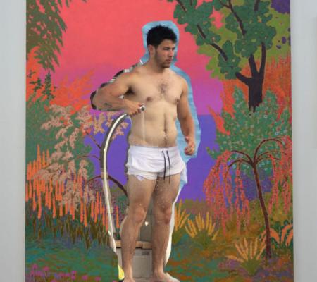 man in short white shorts hosing himself off is surrounded by vivid overlaid colors and landscape