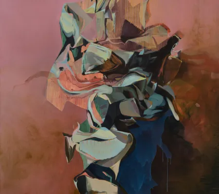 abstraction in mauve and maroon jeweled tones that almost becomes figurative