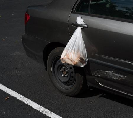 photograph of a bag of bread being suspended in a car door
