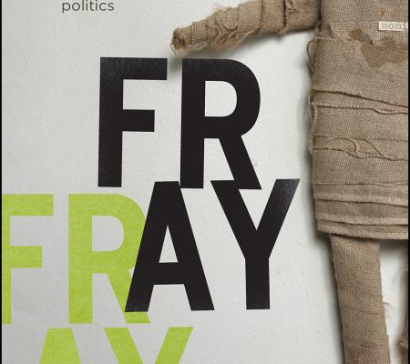 image of a book cover with the words fray in black and blue fractured over the page