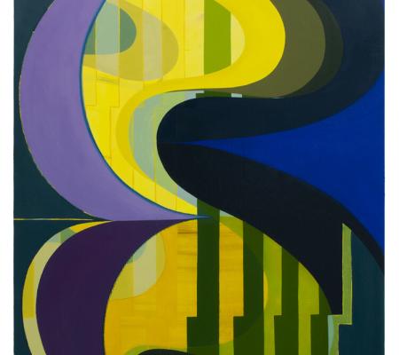 Oil painting from UT Austin Print and Painting professor Beverly Acha featuring a purple blue yellow and green color palette that blurs the line between formalism and landscape painting