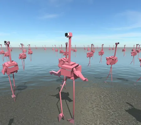 digital rendering of pixelated flamingos