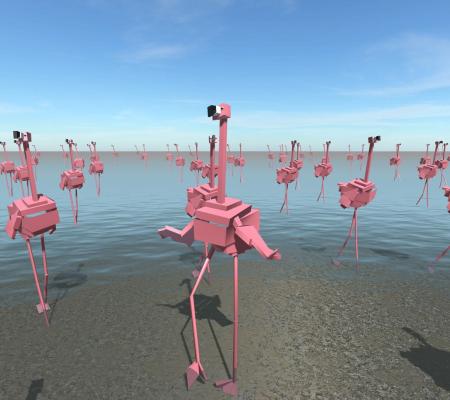 digital rendering of pixelated flamingos