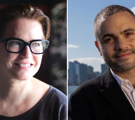 image of side by side portraits of curators Anne Ellegood of ICA LA and Thomas J Lax of MOMA who are the invited speakers and thought leaders within the field of contemporary art brought to the University of Texas at Austin for its annual Viewpoint Series
