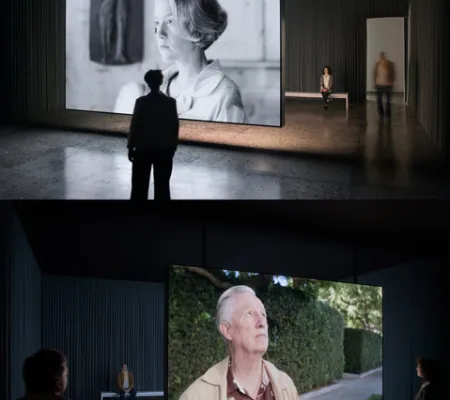split image of two installation shots of video work stacked on top of one another