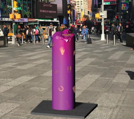 purple pillar in times square adorned by copper sculptures