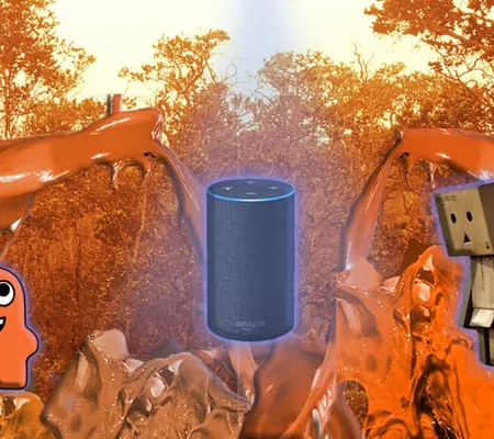 Still from Hiba Ali’s “Amazonification: Reading List" with orange figures in the foreground and background as well as an Amazon Echo centered