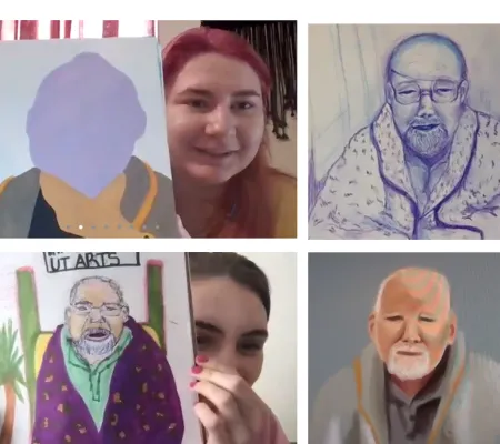 Four screen shot images of portraits students made of Professor Lee Chesney during UT Austin Aesthetics of Health course in undergraduate Studio Art arranged in a grid