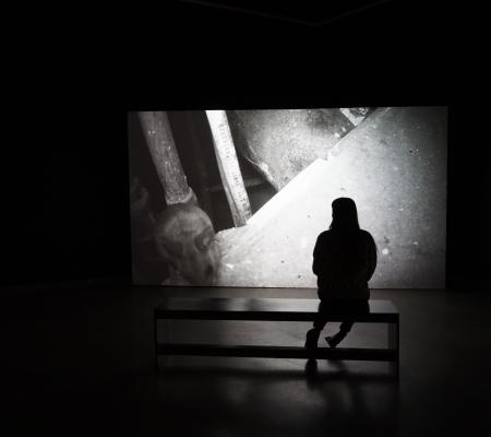 Black and white image of a woman sitting on bench looking at projected image of a rat