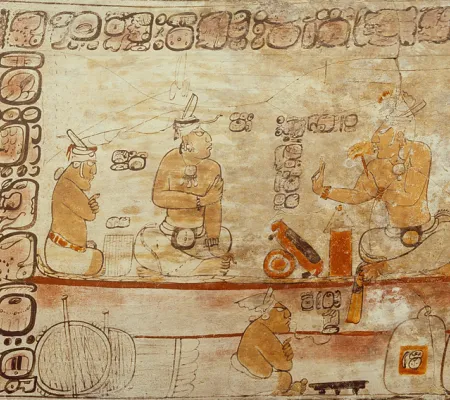 scene on a Maya vase depicts a seated king at right who might be speaking to lakam