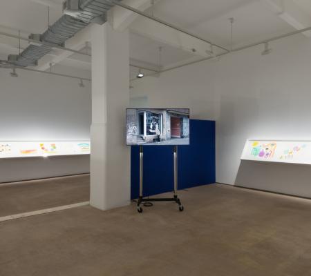 installation view of UT Austin Studio Art Professor and performance artist Michael Smith's latest solo exhibition at Hales London gallery titled Yet another show of drawings and videos reflecting on youth, ageing and a future of retirement by Michael Smit