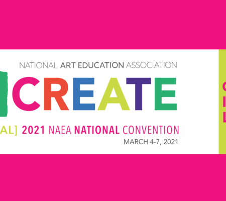 graphic logo for the national art education association in bright pink with secondary colors for text in green orange purple and blues