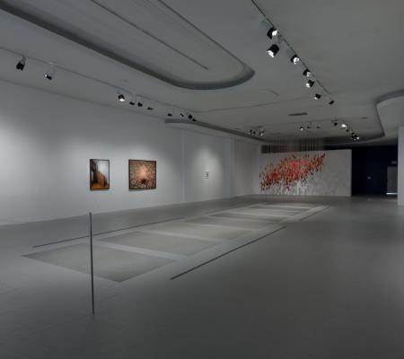 image of long exhibition hallway with multiple sculptures strewn about