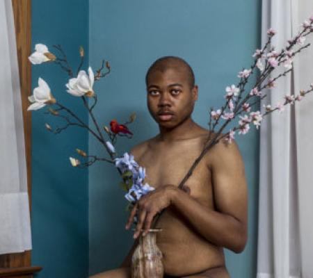 Black male nude depicted in D’Angelo Lovell Williams' piece titled Fleurish, 2016.