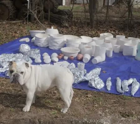 The vibe with dog in front of fire pit ceramics at All the Sudden art space is lively casual and open and the site transforms according to whatever activity happens