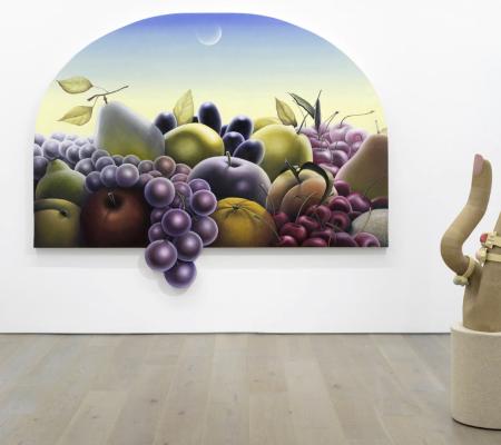 surreal paintings paired with sculptures