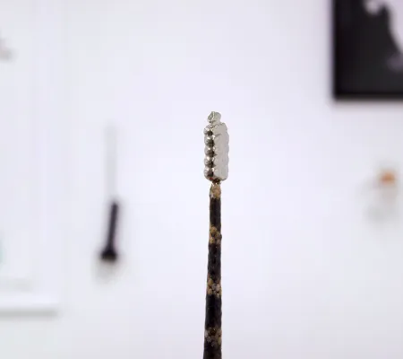 installation image of detail of sculpture involving metal rattlesnake tail
