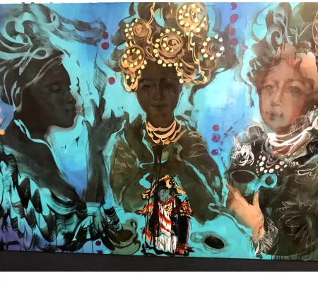 University of Texas at Austin Studio Art and Painting Assistant Professor Scherezade García-Vazquez portable mural depicting three women in black and cool tones