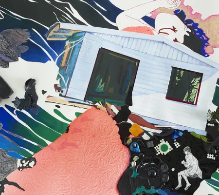 Artist Nicole Awai's painting depicting figures, a house, and pervading ooze motif