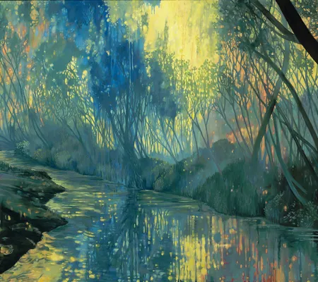 painting full of gestures of blues and greens depicting a landscape