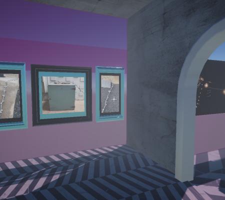 Image of virtual art exhibition created in Unity by Katy McCarthy on behalf of students from the Department of Art and Art History Studio Art courses in Painting and Print