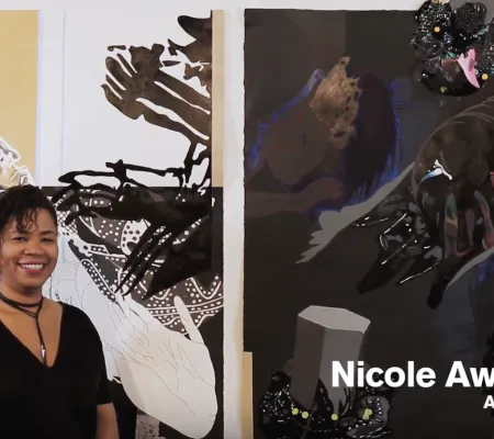image of woman artist beside work