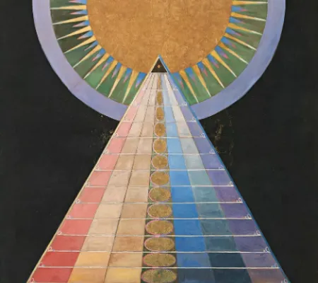 Hilma af Klint, Group X, No. 1, Altarpiece (Grupp X, nr 1, Altarbild), 1915, from Altarpieces (Altarbilder). Oil and metal leaf on canvas, 237.5 x 179.5 cm. The Hilma af Klint Foundation, Stockholm. Photo: Albin Dahlström, the Moderna Museet, Stockholm