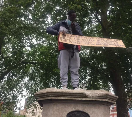 Art History Professor Eddie Chambers writes about statues Colston Black Live Matter movement in The Progressive and image shows screenshot of protester
