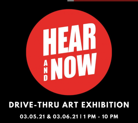black white and red logo for project titled Here and Now organized by Center Space Project Art and Art History department student organization and TEDxUT