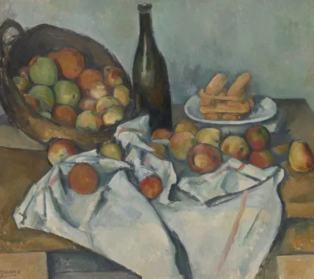 Still life painting of fruit on a table.