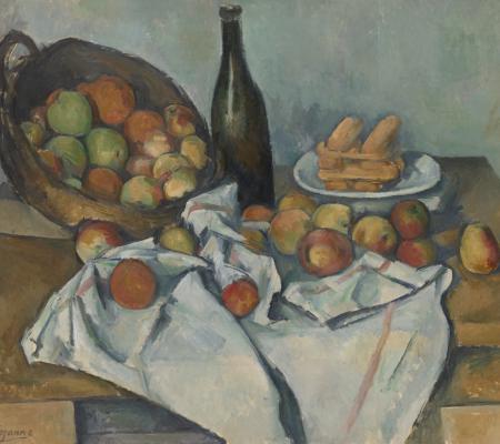Still life painting of fruit on a table.